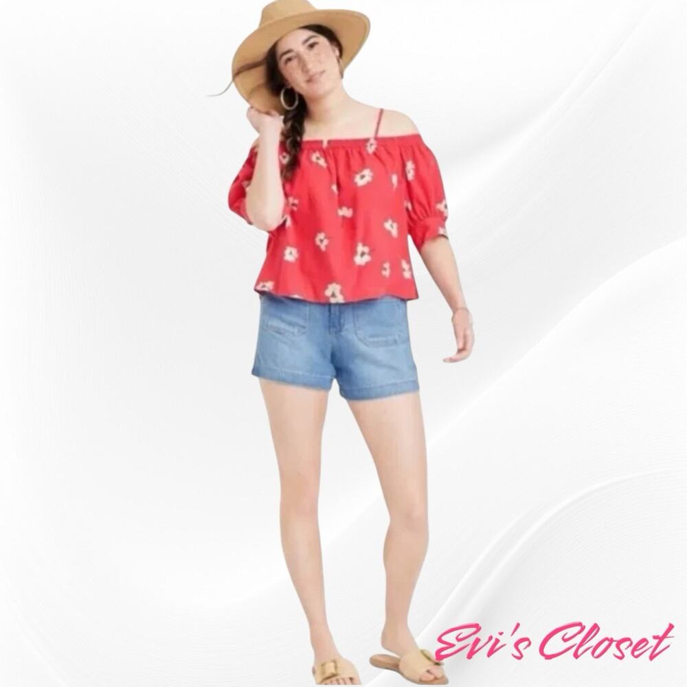 Universal Thread Women's Puff Elbow Sleeve Blouse Coral Floral Sz L. NWT
